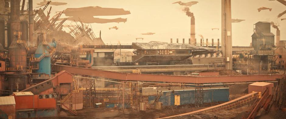 Booker's ship sits on the dock at the facility.