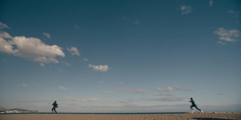 Ava runs from the person on the beach.