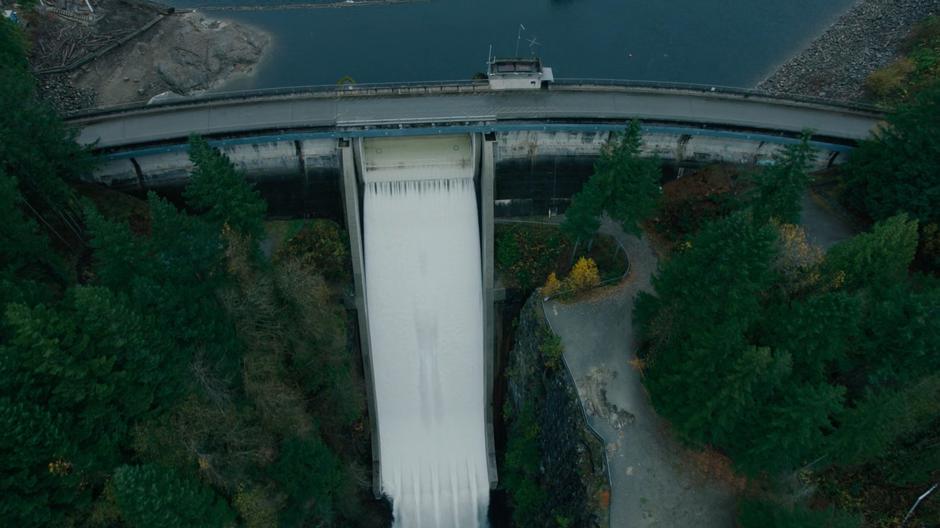 Aerial view of the dam and spillway.