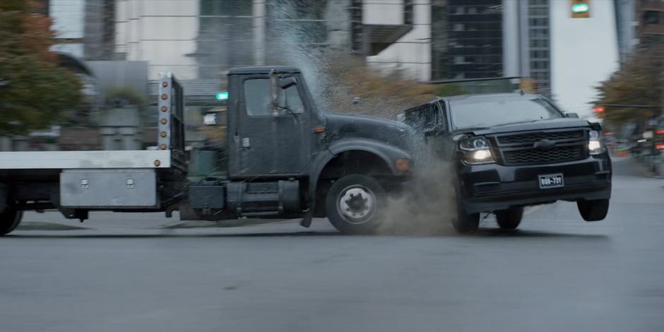 A truck smashes into Jacob's SUV.