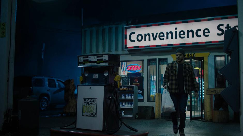 Julie's boyfriend walks out of the convenience store and sees her car missing.