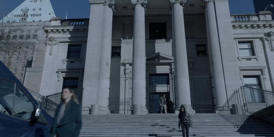 Jordan Moore walks down the steps after confronting Commisioner Forbes.