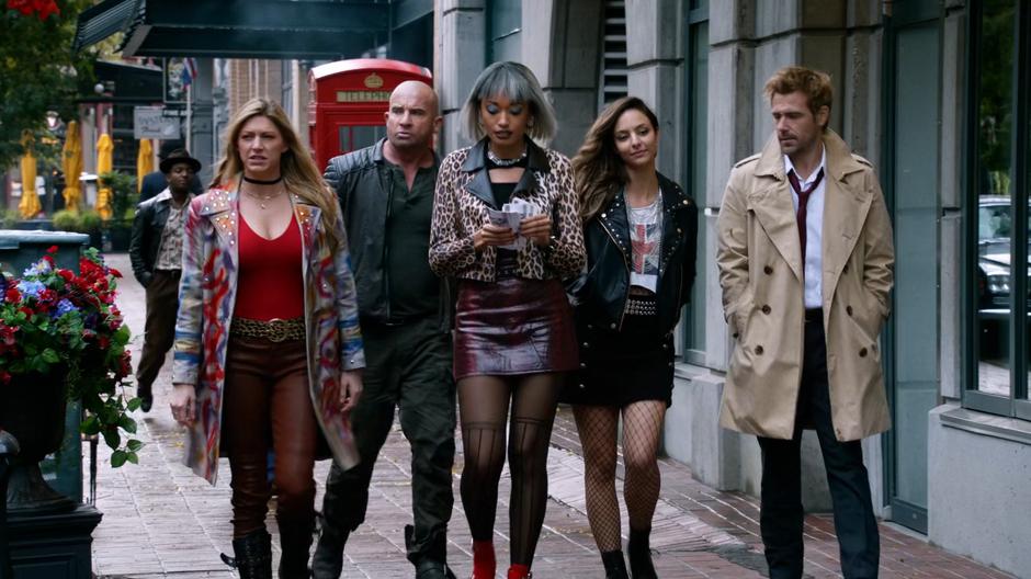 Ava, Mick, Astra, Zari, and Constantine walk down the street looking for the rest of the Legends.