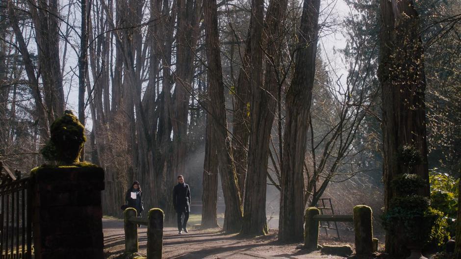 Mel and Harry walk down the tree-lined lane towards the house.