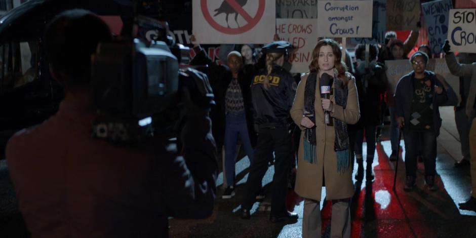 Dana Dewitt reports on the case in front of a group of Crows protestors.