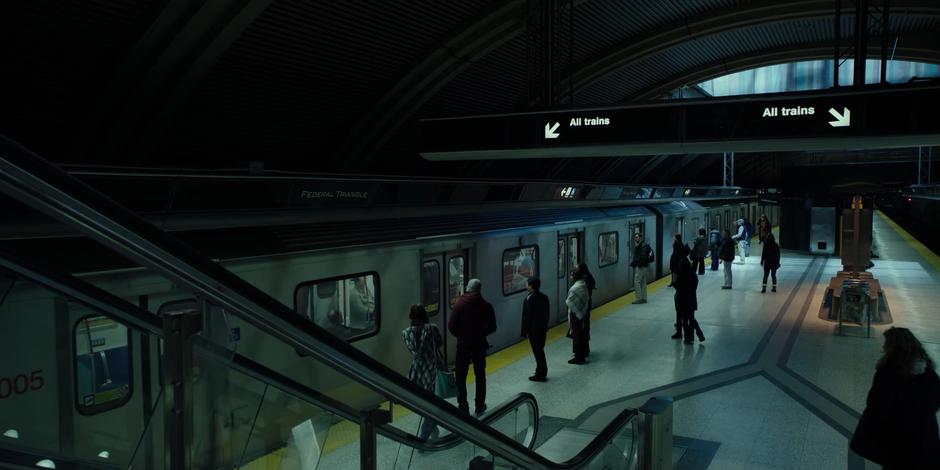 The subway train pulls into the station.