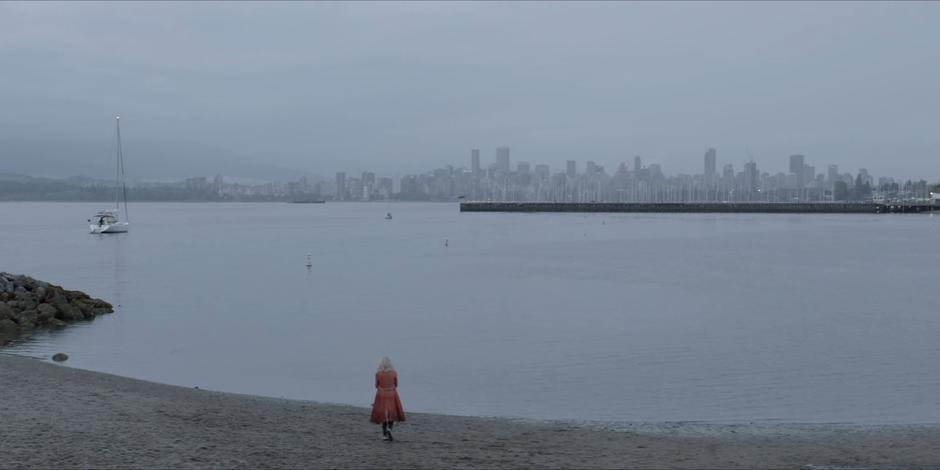 Alice walks down to the shore with Ocean's ashes.