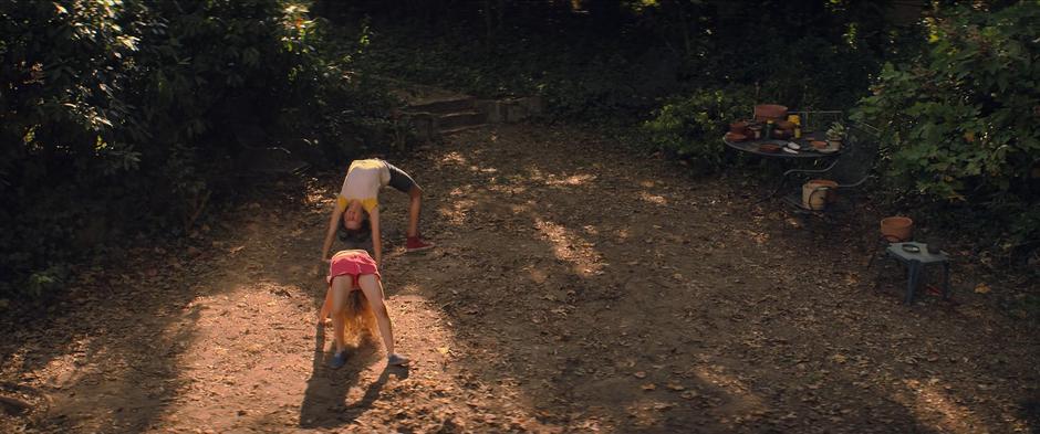 Yelena and Natasha arch up onto their hands and legs while playing in the back yard.