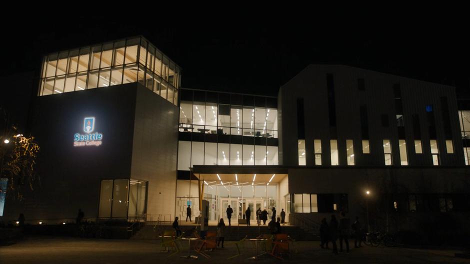 Establishing shot of the college at night.