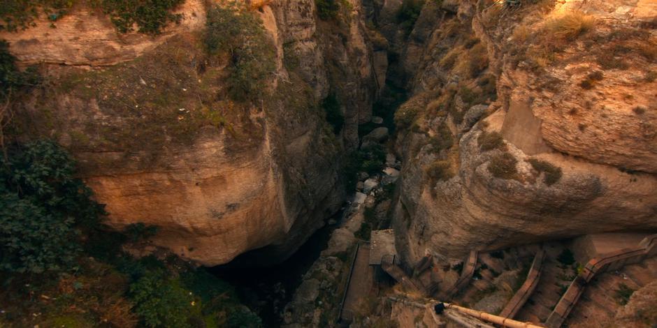 A view of steps leading far down into the valley.