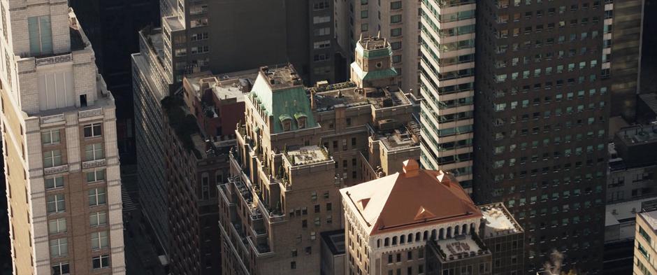 Aerial establishing shot of the building.