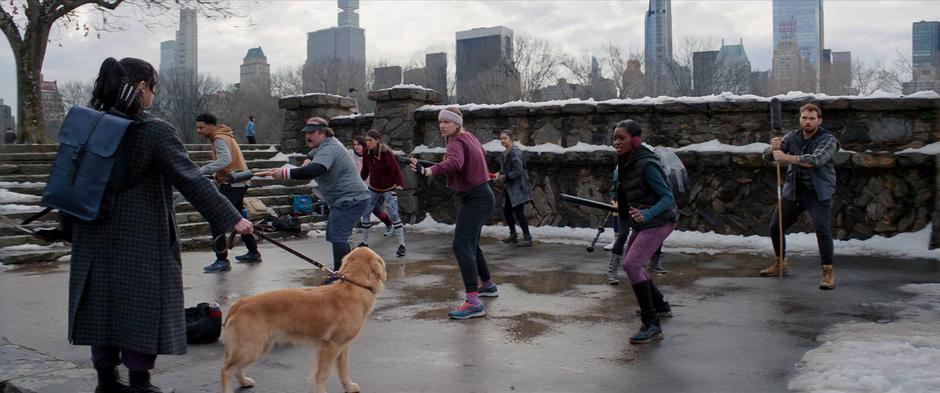 Kate and Pizza Dog step up to where the LARPers are practicing and Kate talks to Missy.