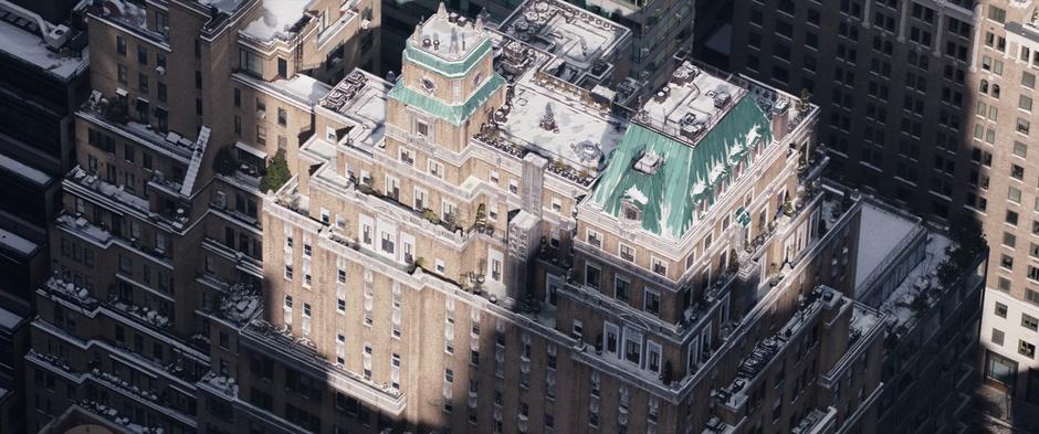 Aerial establishing shot of the penthouse.