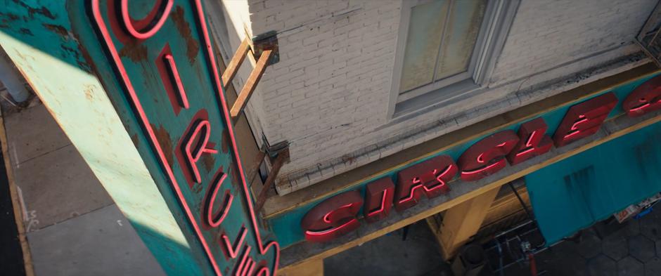 Establishing shot of the Circle Q sign from a high angle.