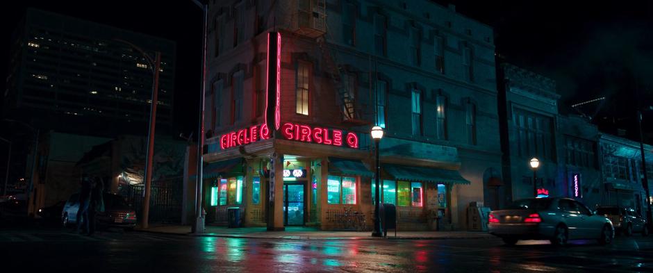 Establishing shot of the Circle Q at night.