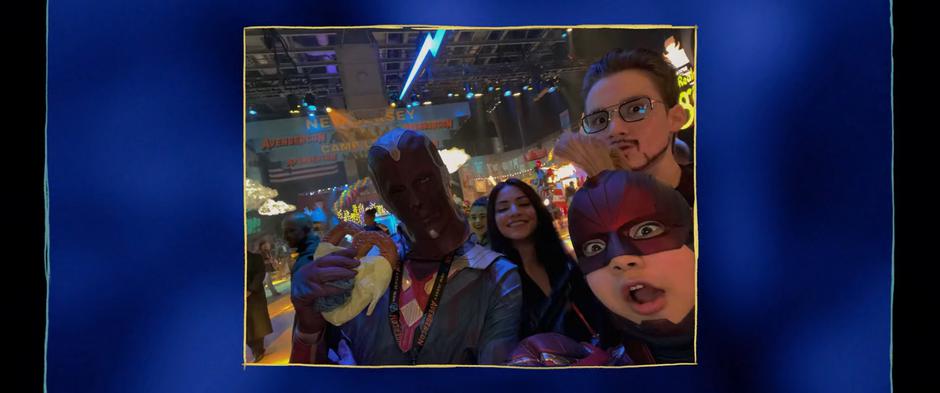 Kamala and Bruno pose with a Vision cosplayer and some others during Kamala's fantasy about Avengercon.