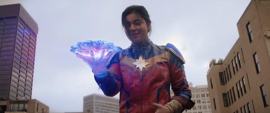 Kamala smiles as she creates a hard light platform above her hand.