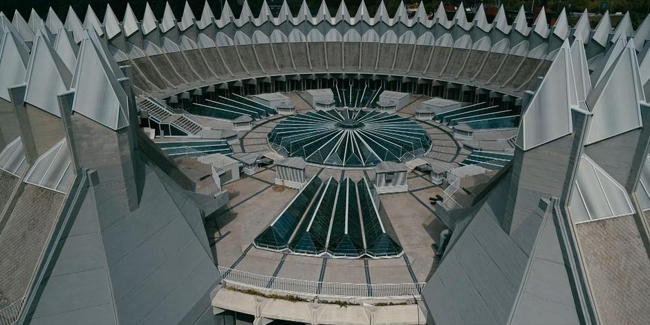 Establishing shot of the roof of the church.