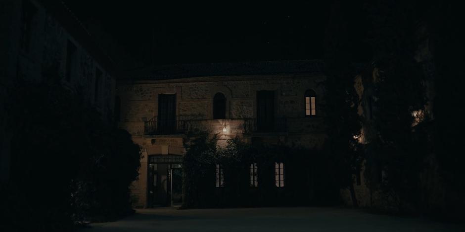 Establishing shot of the courtyard at night.