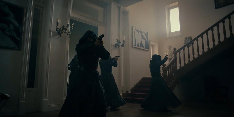 Adriel's goons storm into the main hall with their guns drawn.