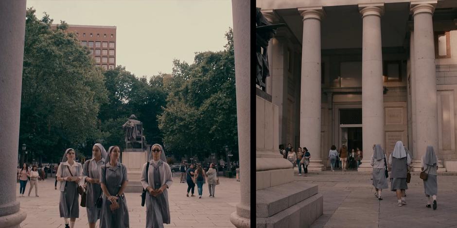 Camila, YAsmine, Ava, and Bea enter the museum in their habits.