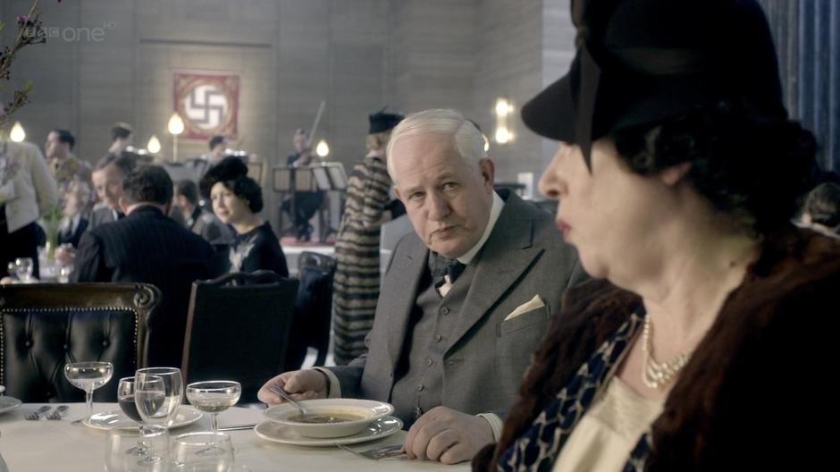 German diners enjoy a meal at the restaurant.