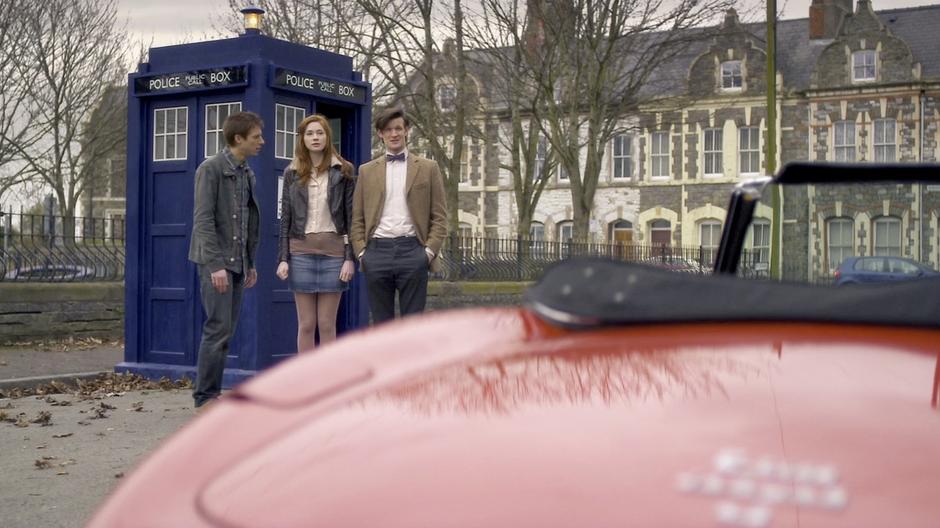 Amy & Rory exit the TARDIS to find that the Doctor has brought them home.