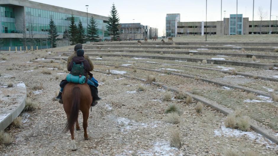 Joel and Ellie ride through the plaza as a  bunch of monkeys run off.