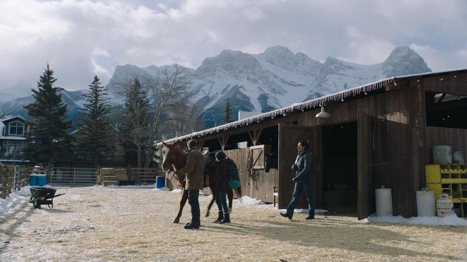 Tommy follows Joel and Ellie outside as they prepare the horse.