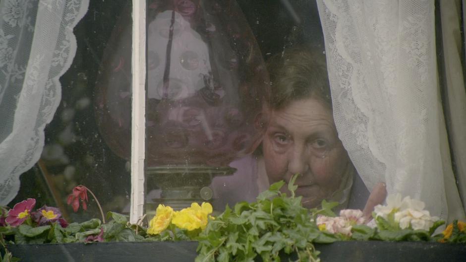 An old woman looks past a vase out the window towards the group.