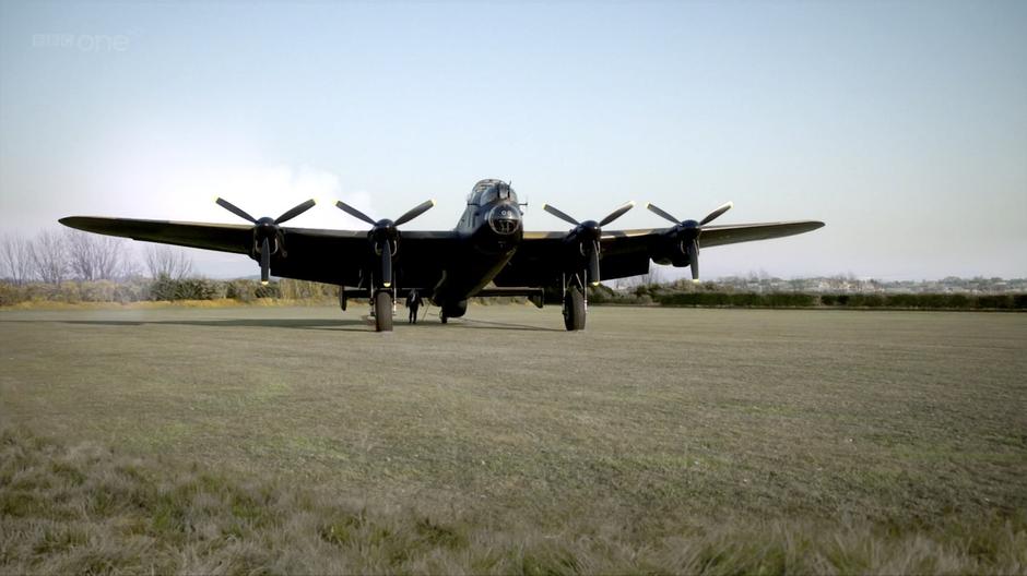 Reg's bomber has landed in the field outside the house. Believed to be a composite of bomber footage from the Aviation Centre on top of the actually field at Stradey Castle.