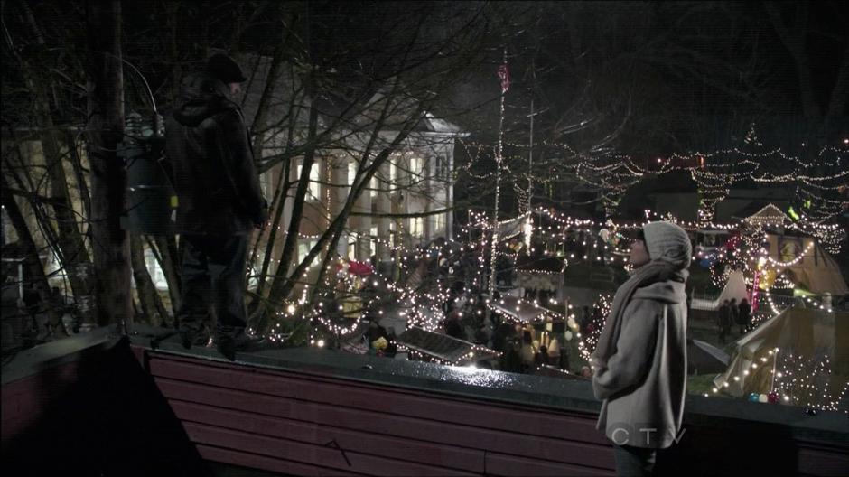 Mary Margaret tries to talk Leroy down when she thinks he is going to jump from the roof.