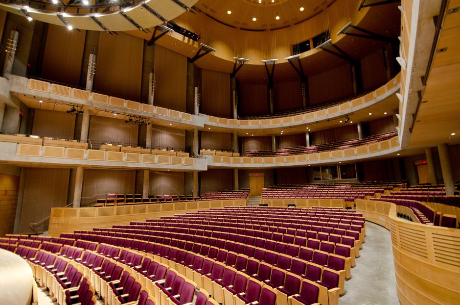 Inside the Chan Shun Concert Hall, looking towards the house.