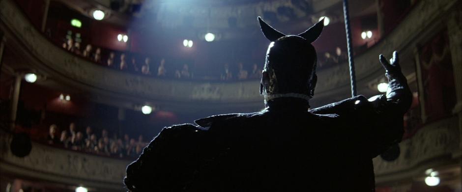 View looking from the stage to the audience in the opera house.