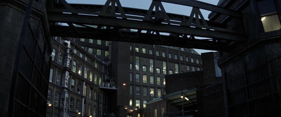 Exterior of Arkham Asylum through the main gate.