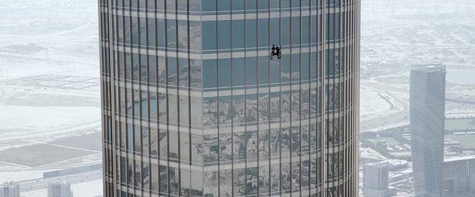 Ethan Hunt climbs up to the server room.