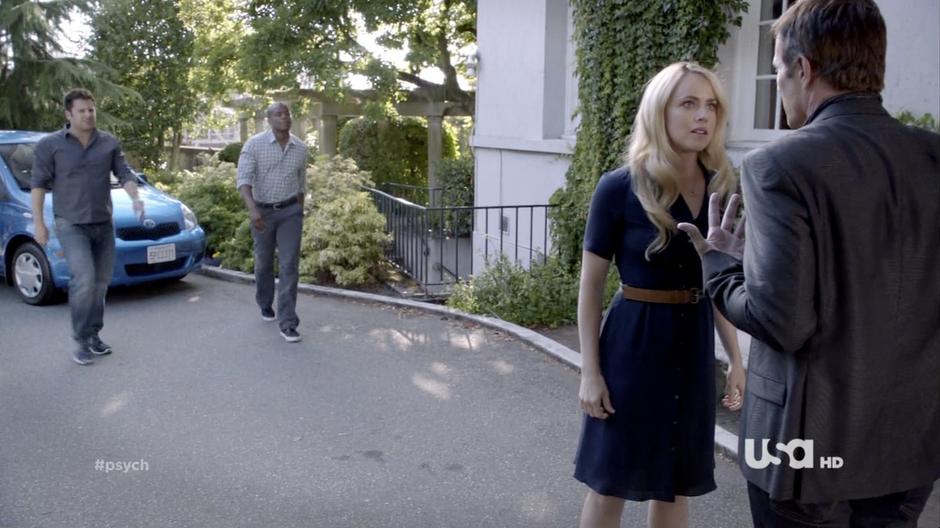 Shawn and Gus walk up on Thea Summers and Jordon Beaumont talking in front of the hotel.