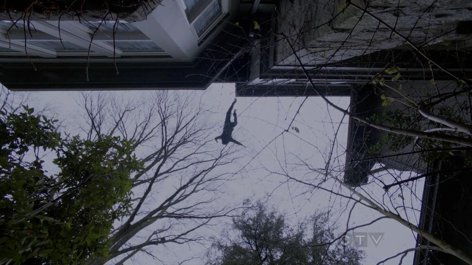 Jefferson flies out of his upstairs window.