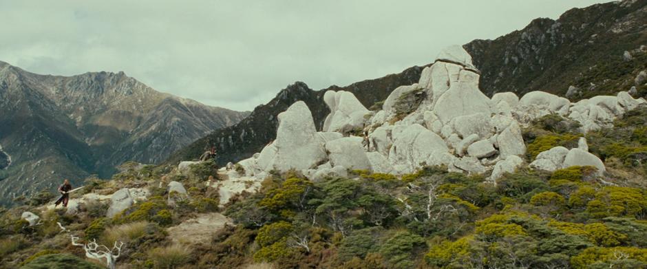 The Fellowship hide in the rocks as the crebain approach.