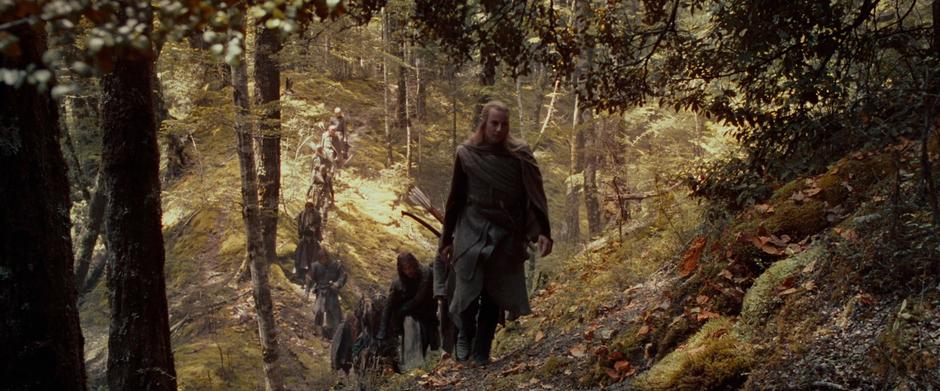 Haldir leads the Fellowship through the woods of Lothlórien to Caras Galadhon.