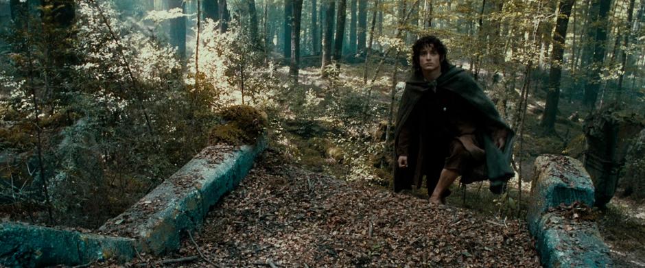 Frodo wanders up a ruined staircase above the river where the Fellowship is camped.