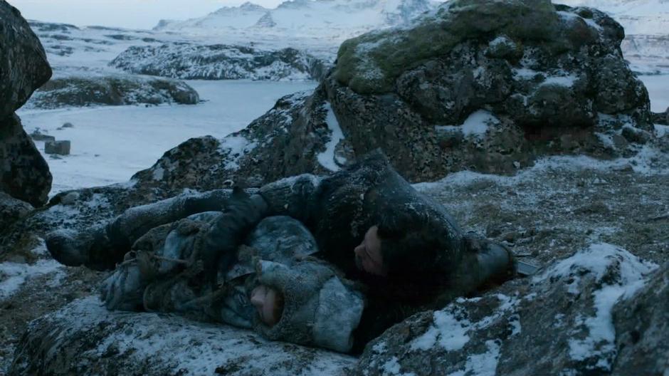 Jon Snow wakes up next to a tied up Ygritte.
