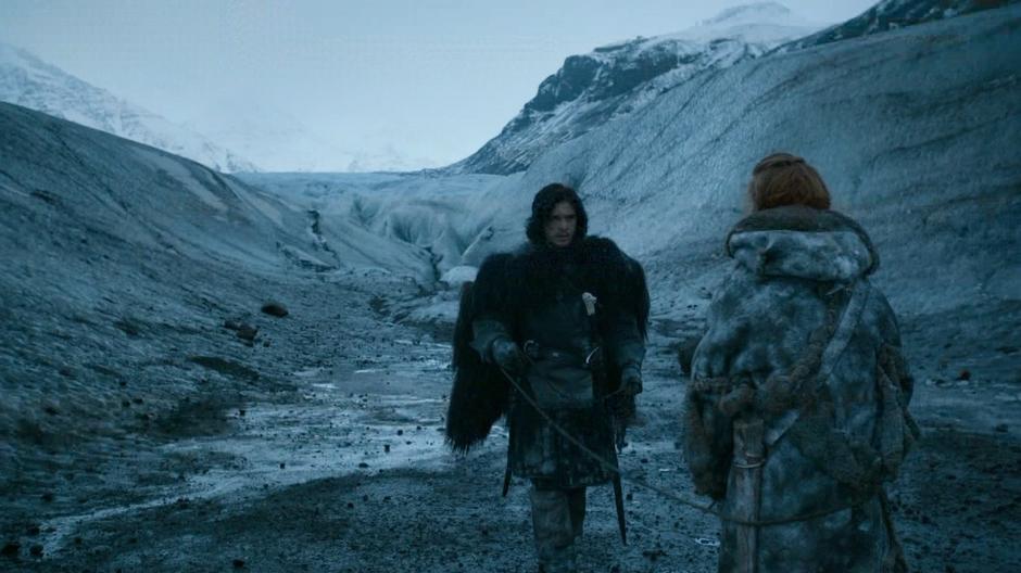 Jon Snow escorts Ygritte through a valley right before being ambushed by other Wildlings.