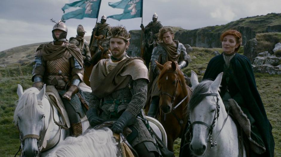 Renly, Lancel, Brienne, and Catelyn wait as Stannis's group arrives.