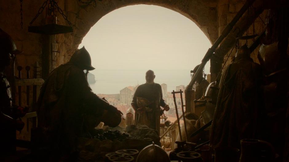 Janos Slynt comes to the Blacksmith's shop to find Gendry is already gone.