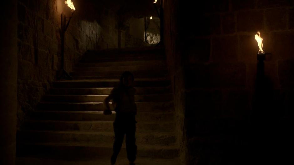 Arya chases a cat down the stairs into the dungeon.