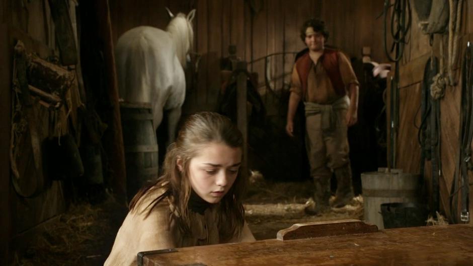 A stable boy approaches Arya while she is searching for her sword.