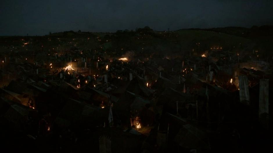 Wide nighttime establishing shot of Robb's war camp.