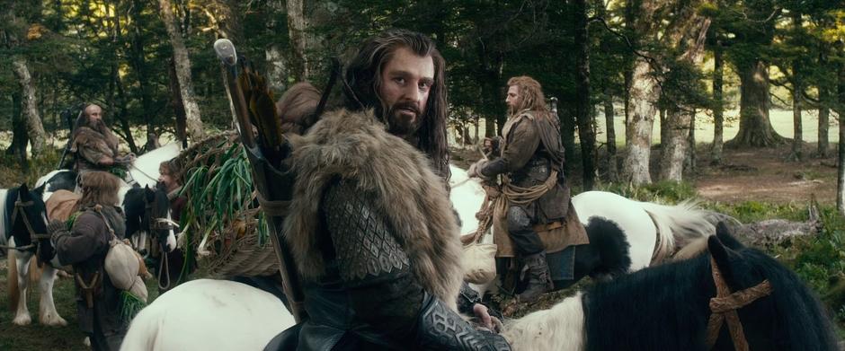 Thorin looks to see if Gandalf is ready to depart.