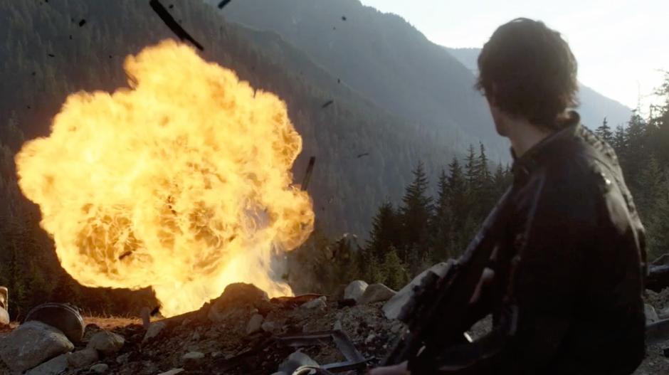 Bellamy cringes back from the hydrazine explosion set off by Raven.